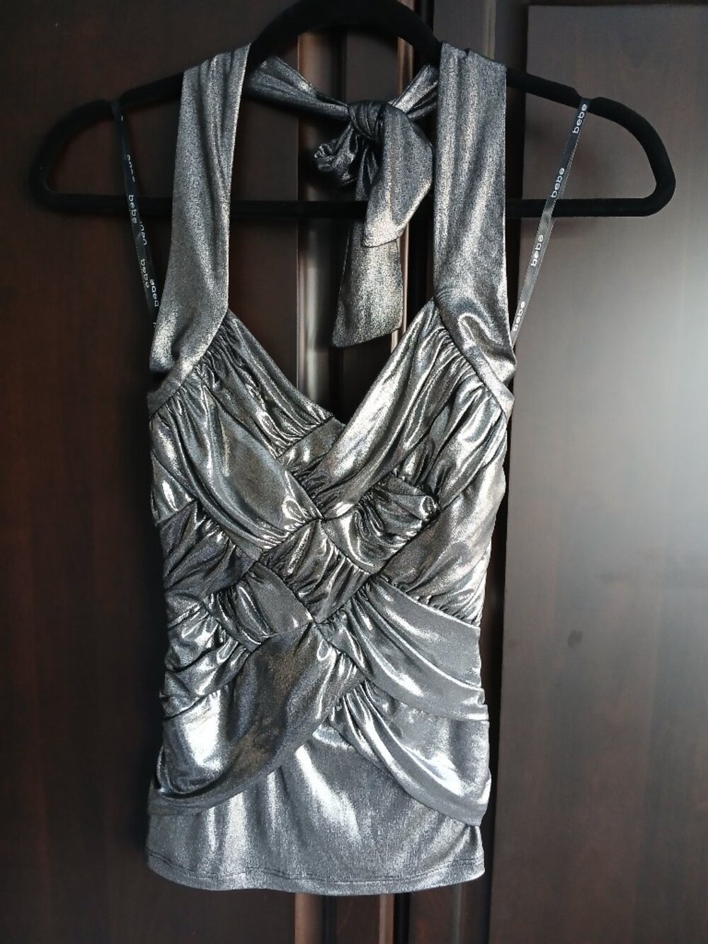 bebe Size XS Metalic Grey Tie Halter Top